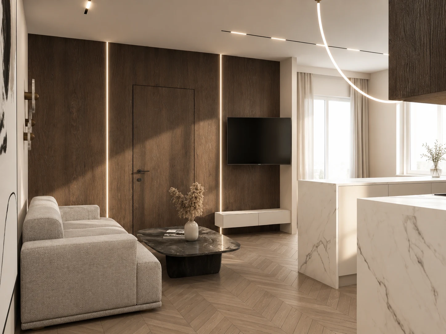 Salon połączony z kuchnią z ciemną zabudową drewnianą